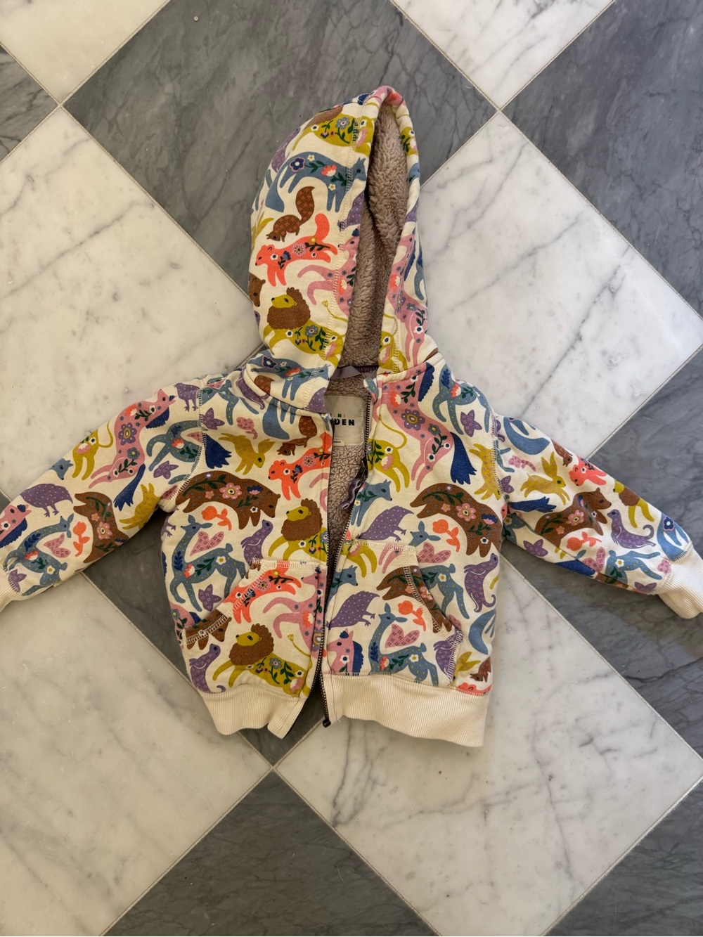 Mini Boden Cream Jacket with Pink, Purple and Blue Animal Print